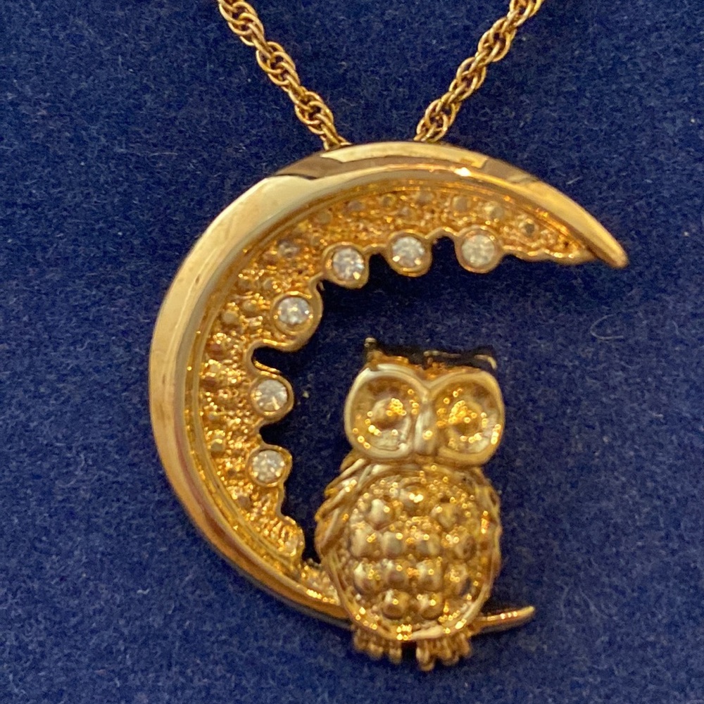 Darling Goldtone with crystals Owl on Moon Necklace